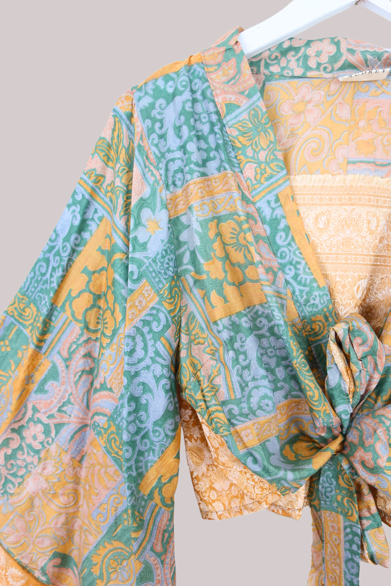 Aries Vintage Silk Wrap Top - Peach Spritz Patchwork - Size M/L