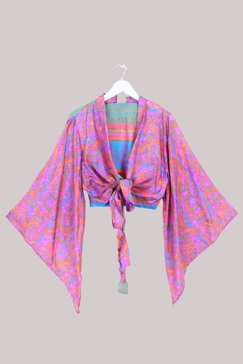 Aries Vintage Silk Wrap Top - Vibrant Purple Motif - Size XL