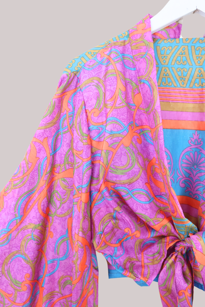 Aries Vintage Silk Wrap Top - Vibrant Purple Motif - Size XL