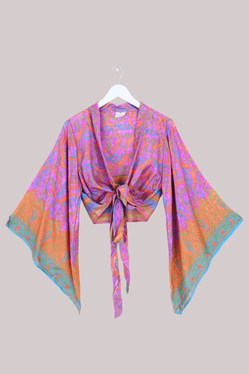 Aries Vintage Silk Wrap Top - Vibrant Purple Motif - Size M/L