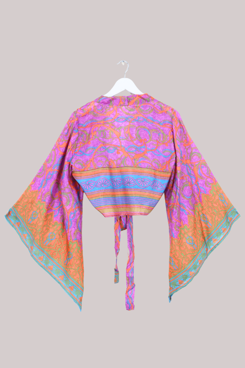 Aries Vintage Silk Wrap Top - Vibrant Purple Motif - Size M/L