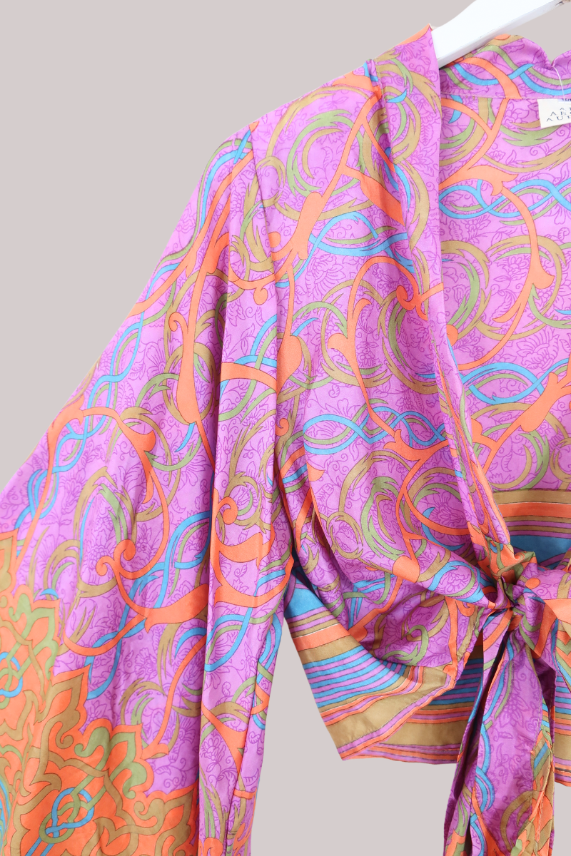 Aries Vintage Silk Wrap Top - Vibrant Purple Motif - Size M/L