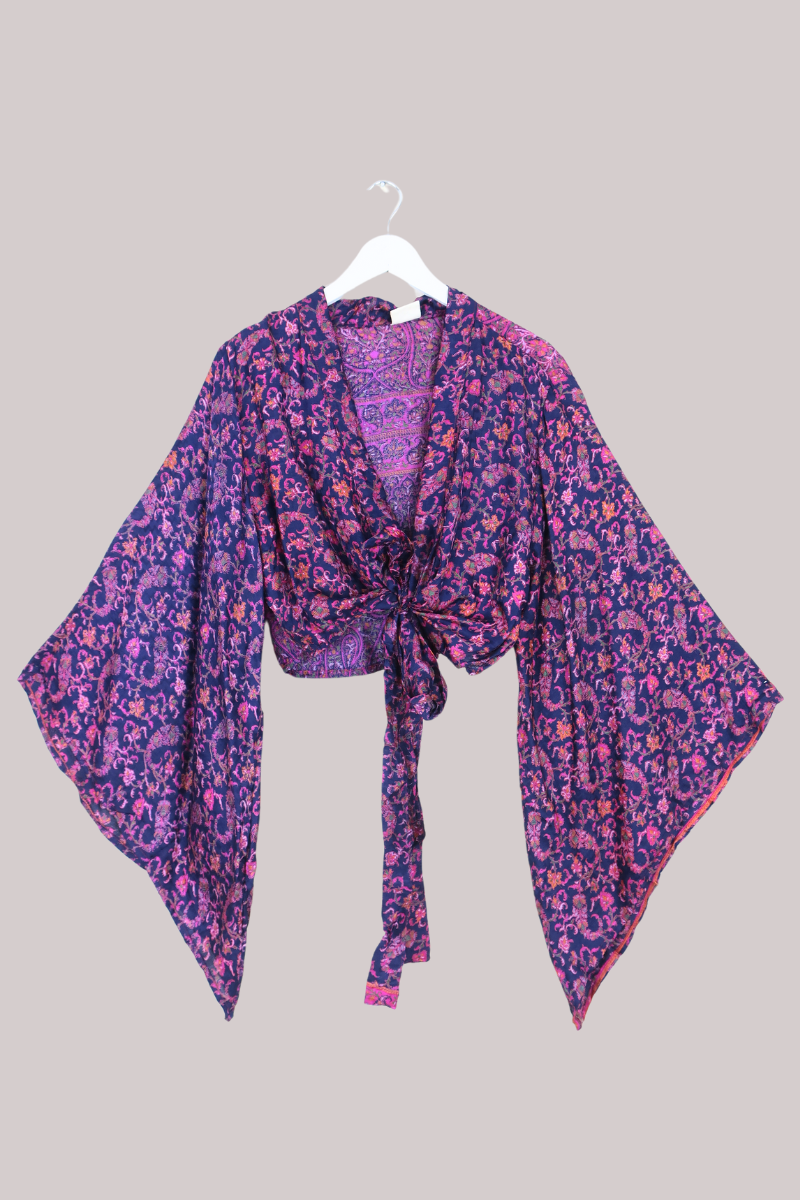 Aries Vintage Silk Wrap Top - Purple & Magenta Paisley - Size XL