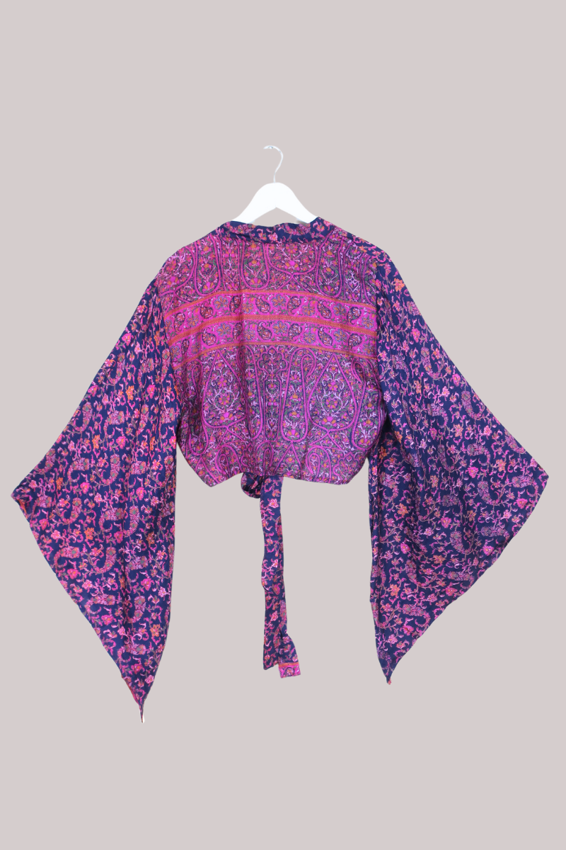 Aries Vintage Silk Wrap Top - Purple & Magenta Paisley - Size XL