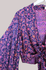 Aries Vintage Silk Wrap Top - Purple & Magenta Paisley - Size XL