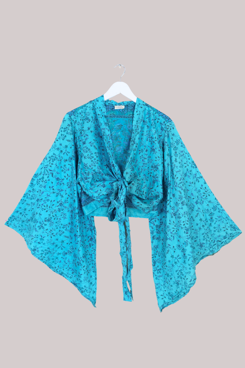 Aries Vintage Silk Wrap Top - Turquoise Wildflowers - Size XL