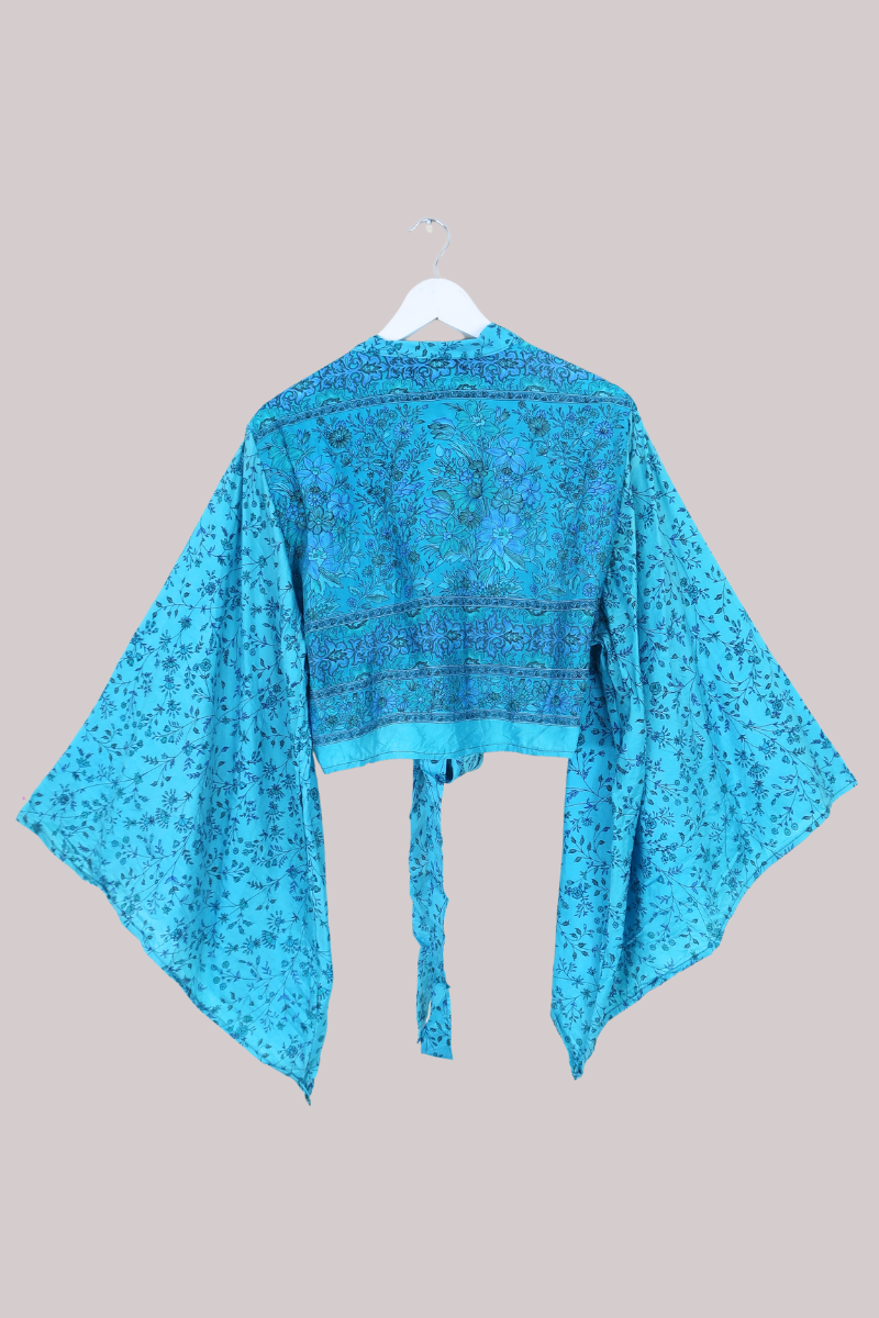 Aries Vintage Silk Wrap Top - Turquoise Wildflowers - Size XL