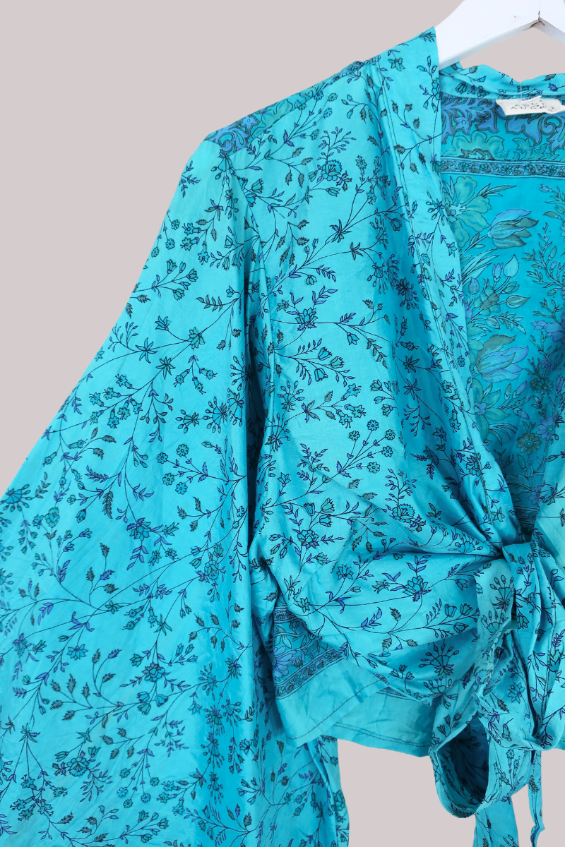 Aries Vintage Silk Wrap Top - Turquoise Wildflowers - Size XL