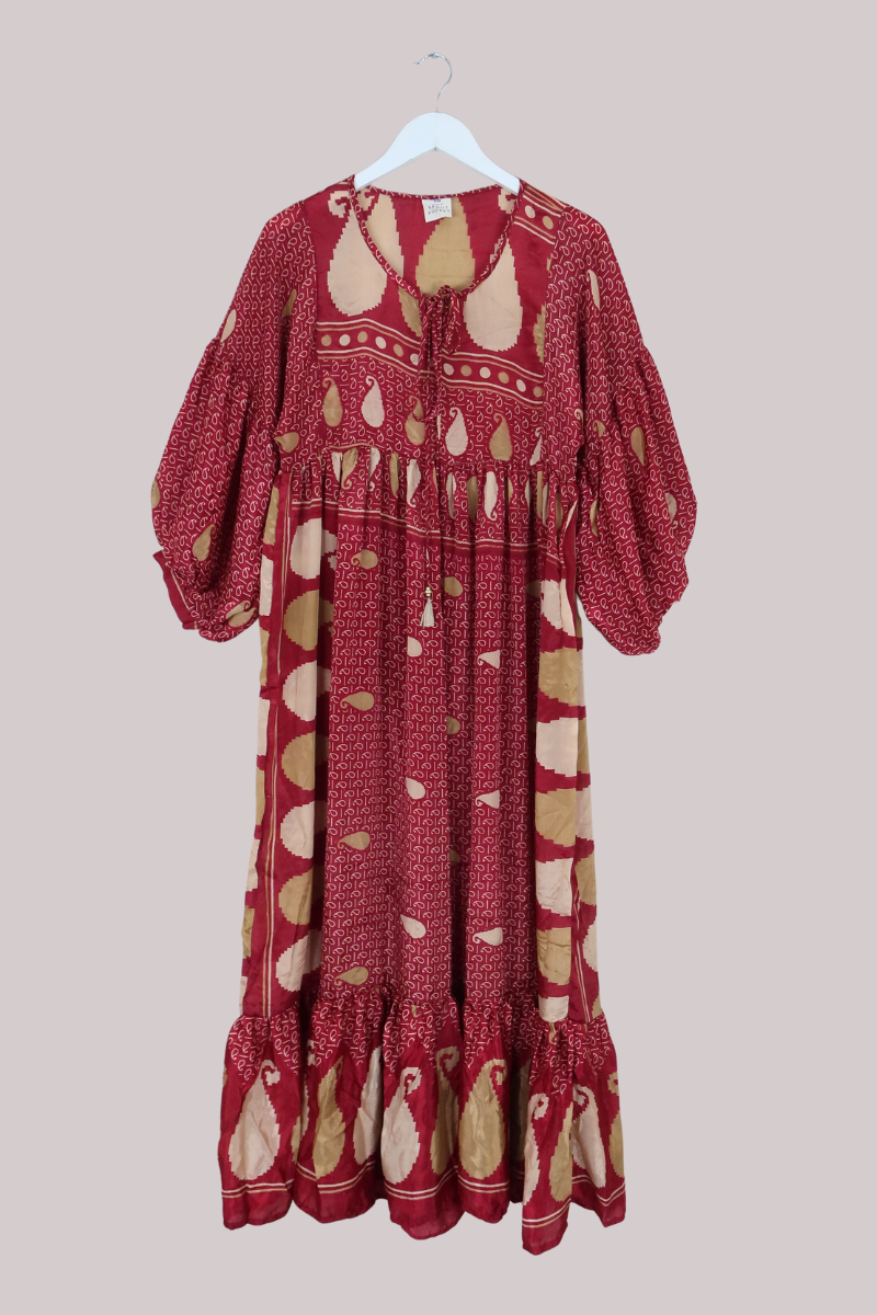 Poppy Vintage Sari Smock Dress in Rust Red Paisley - Size S/M