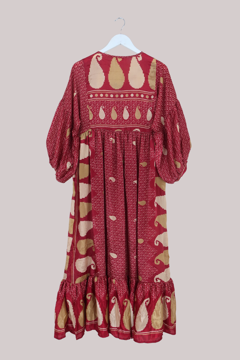 Poppy Vintage Sari Smock Dress in Rust Red Paisley - Size S/M