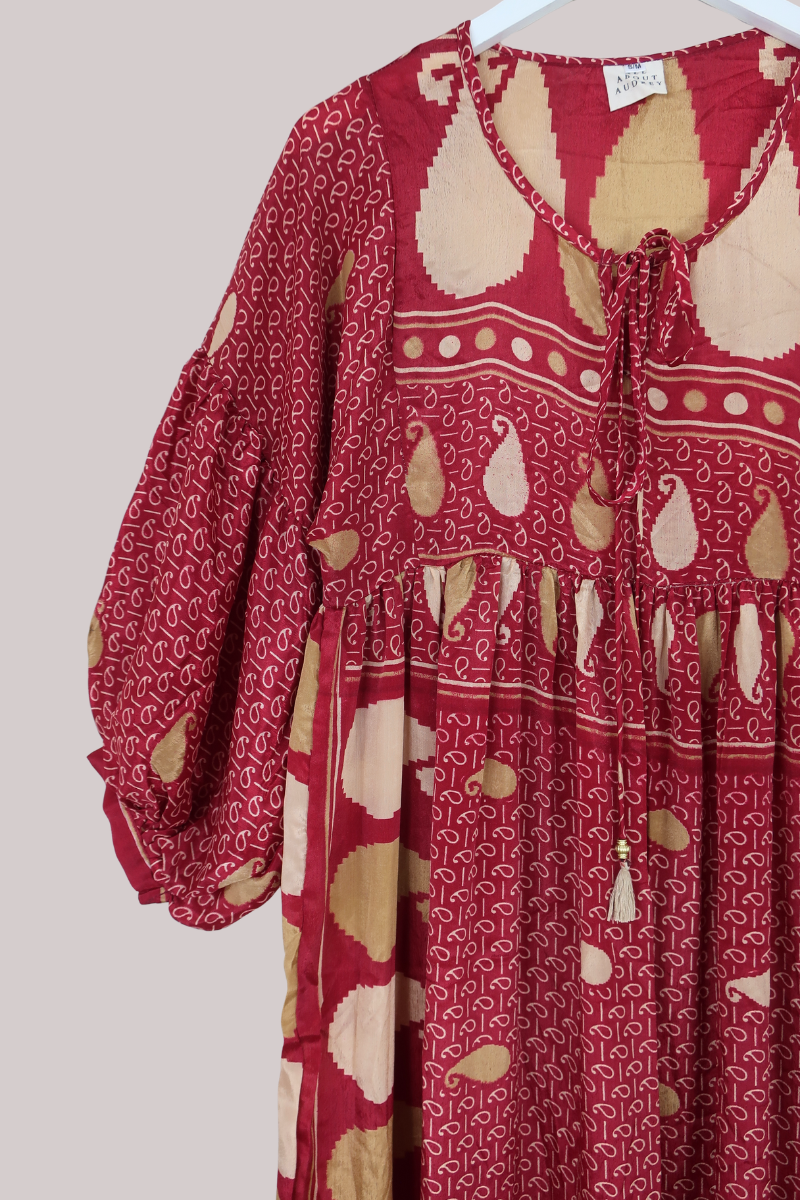 Poppy Vintage Sari Smock Dress in Rust Red Paisley - Size S/M
