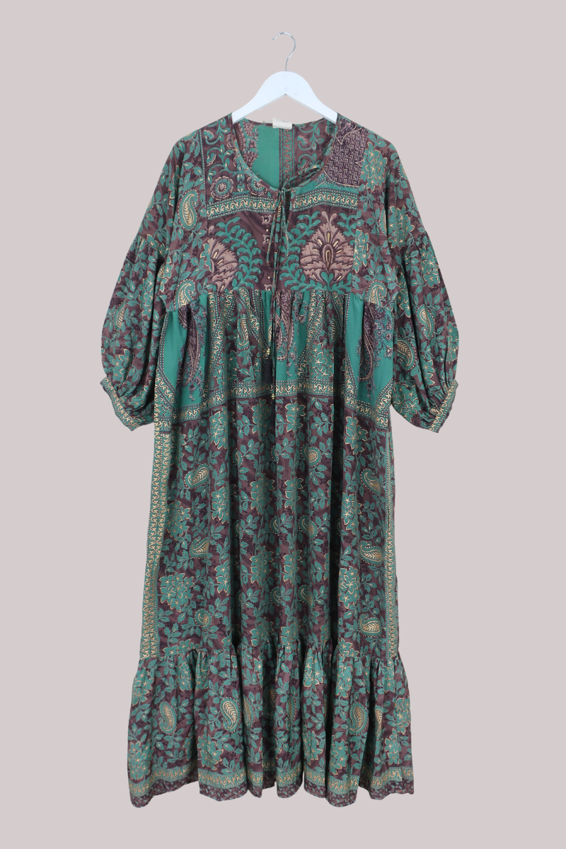 Poppy Vintage Sari Smock Dress in Woodland Brown & Wasabi- Size M/L