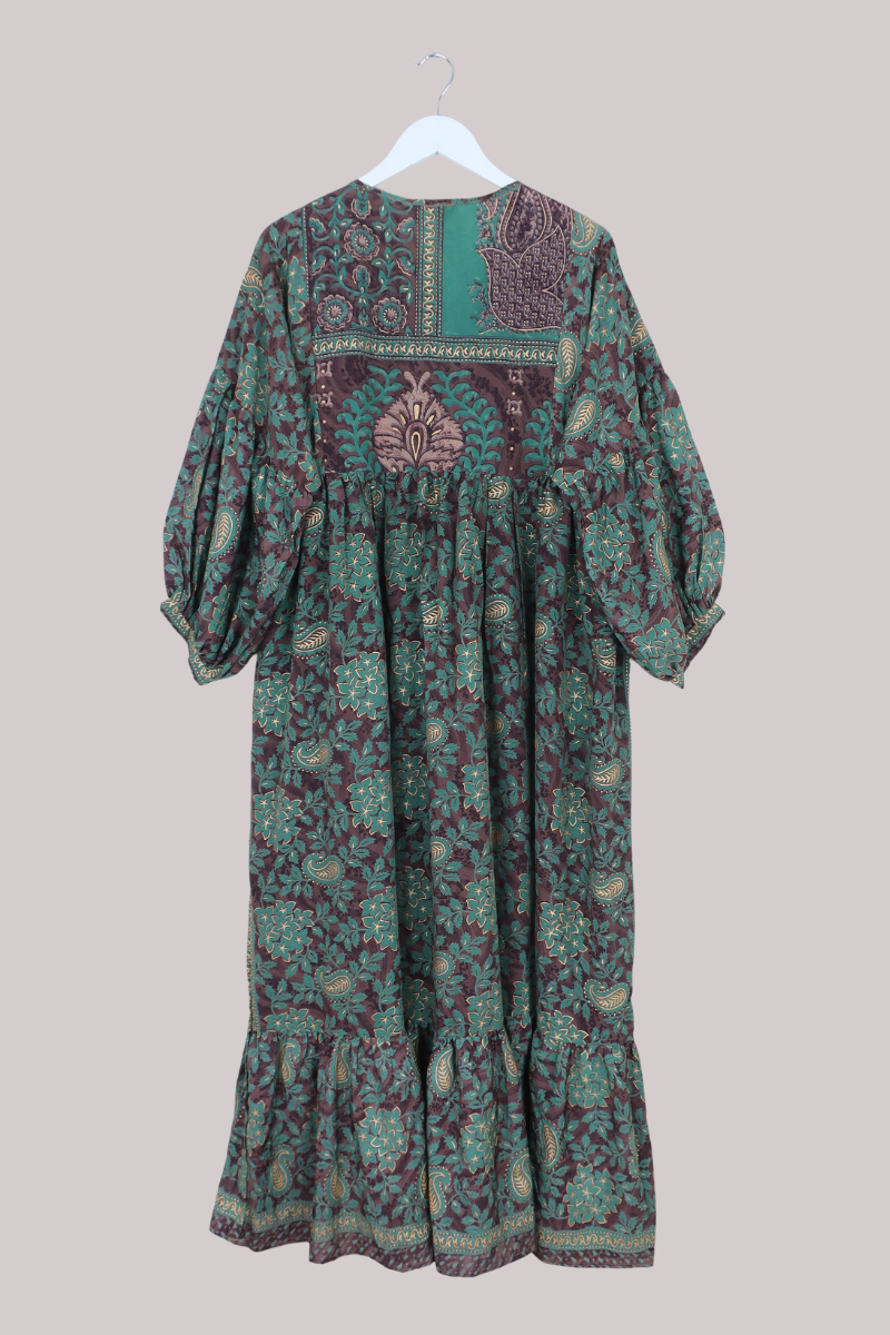 Poppy Vintage Sari Smock Dress in Woodland Brown & Wasabi- Size M/L