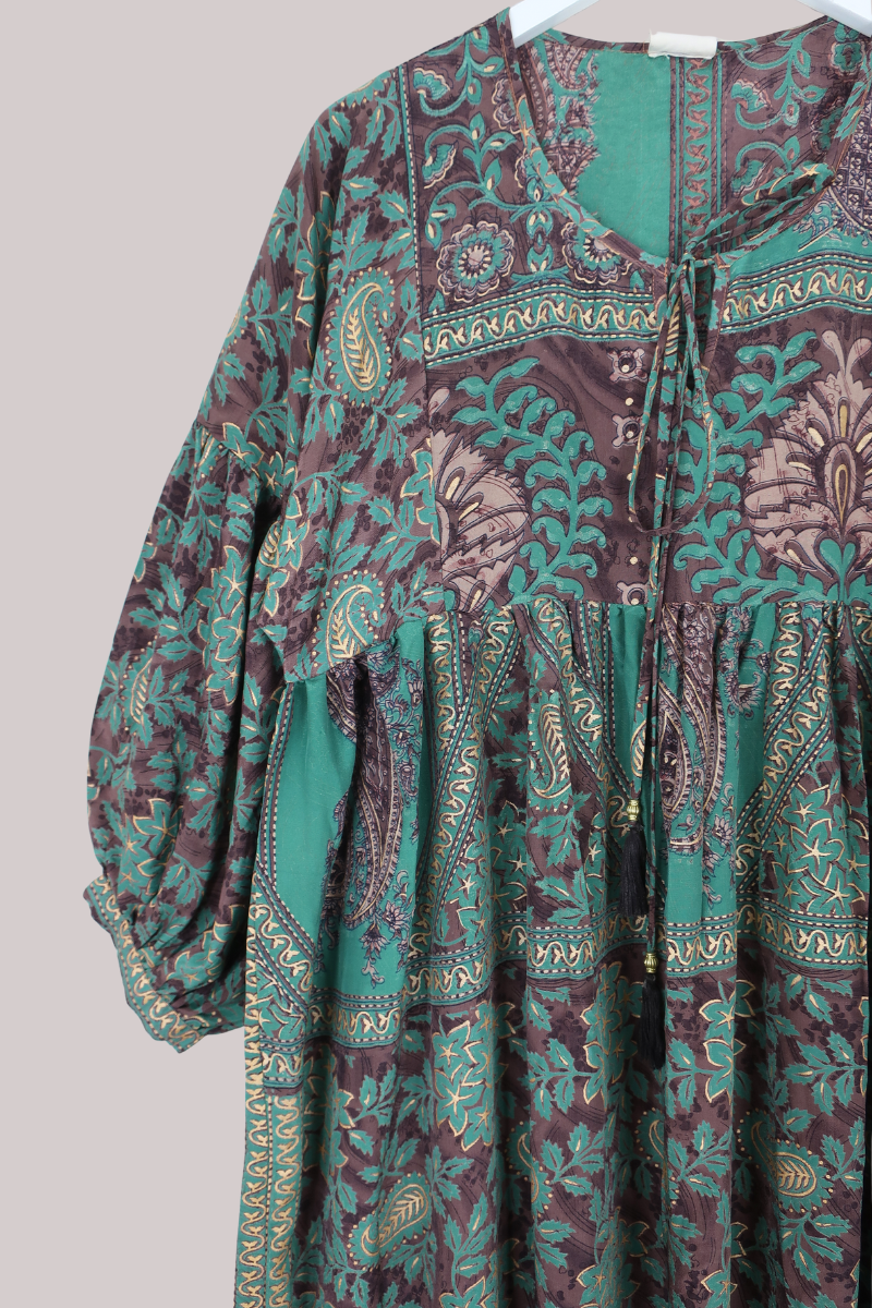 Poppy Vintage Sari Smock Dress in Woodland Brown & Wasabi- Size M/L