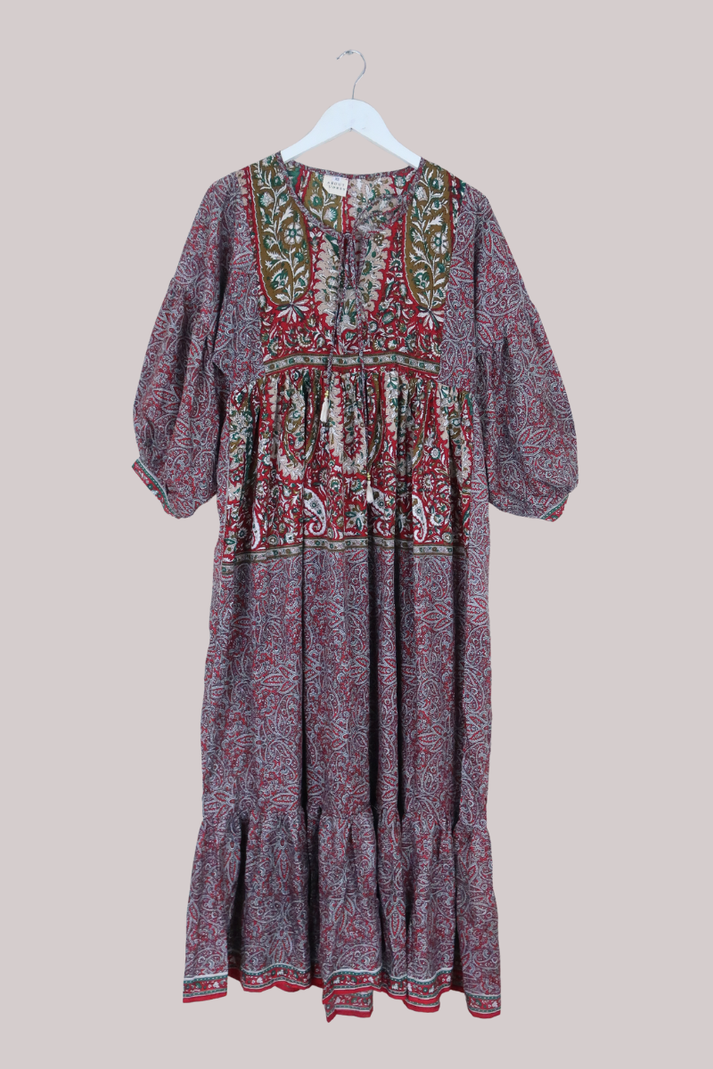 Poppy Vintage Sari Smock Dress in Jewel Red & Jade Floral Paisley - Size XXS