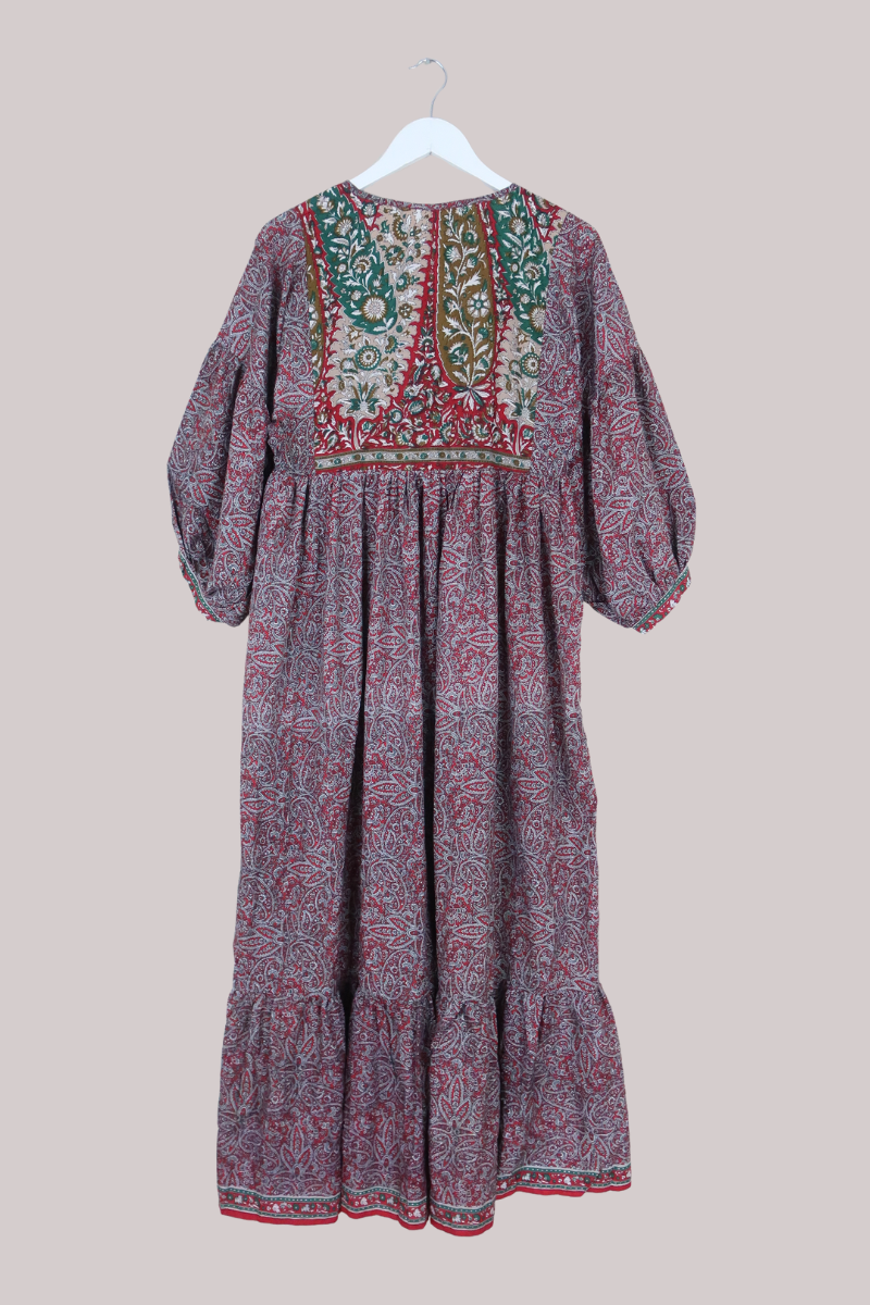 Poppy Vintage Sari Smock Dress in Jewel Red & Jade Floral Paisley - Size XXS