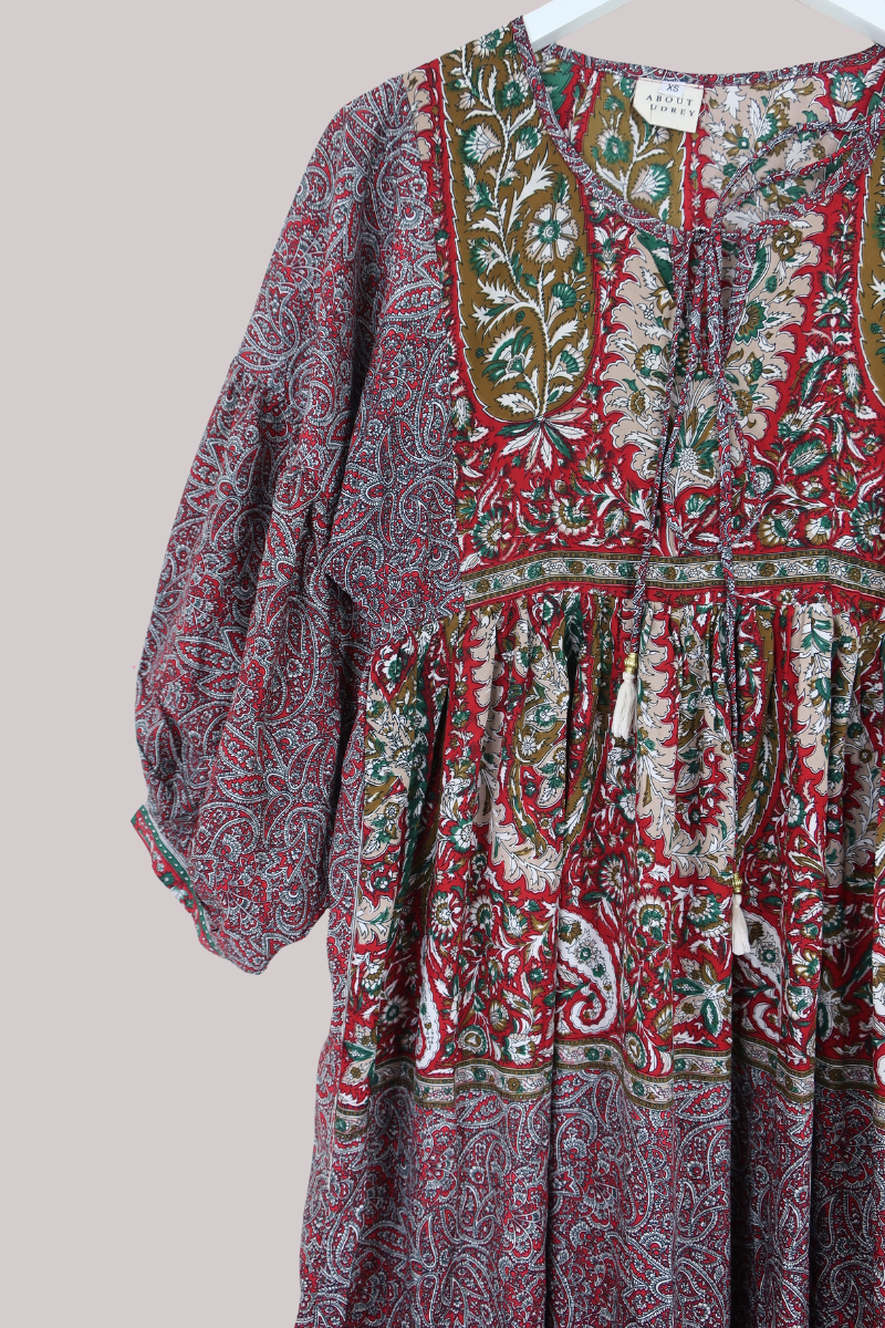 Poppy Vintage Sari Smock Dress in Jewel Red & Jade Floral Paisley - Size XXS