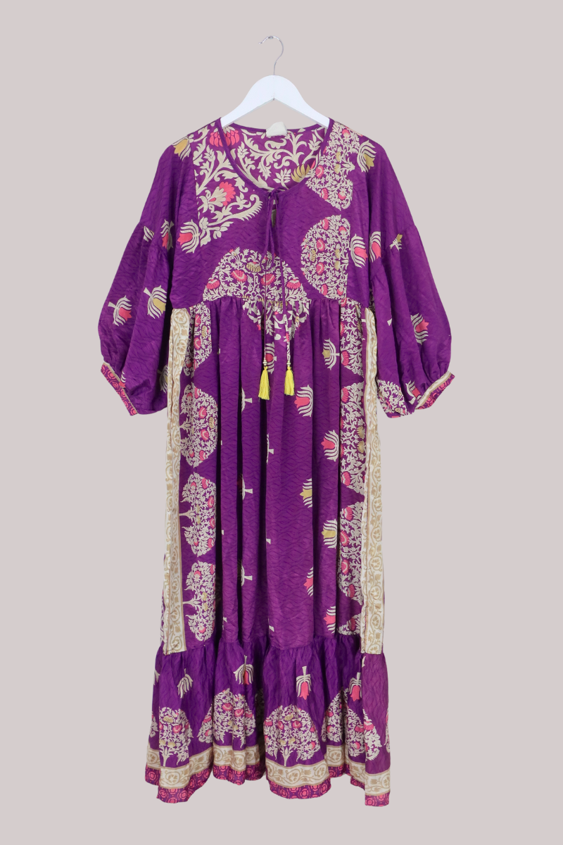 Poppy Vintage Sari Smock Dress in Mystic Purple Forest- Size XS