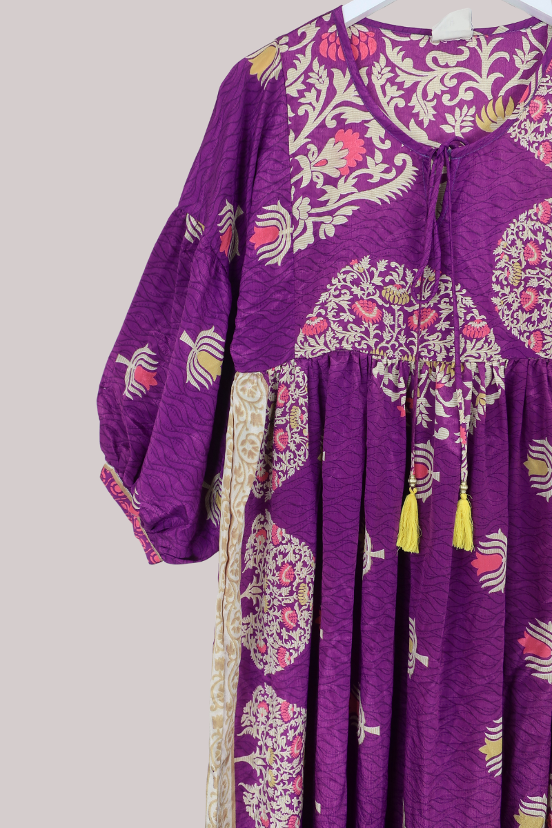 Poppy Vintage Sari Smock Dress in Mystic Purple Forest- Size XS
