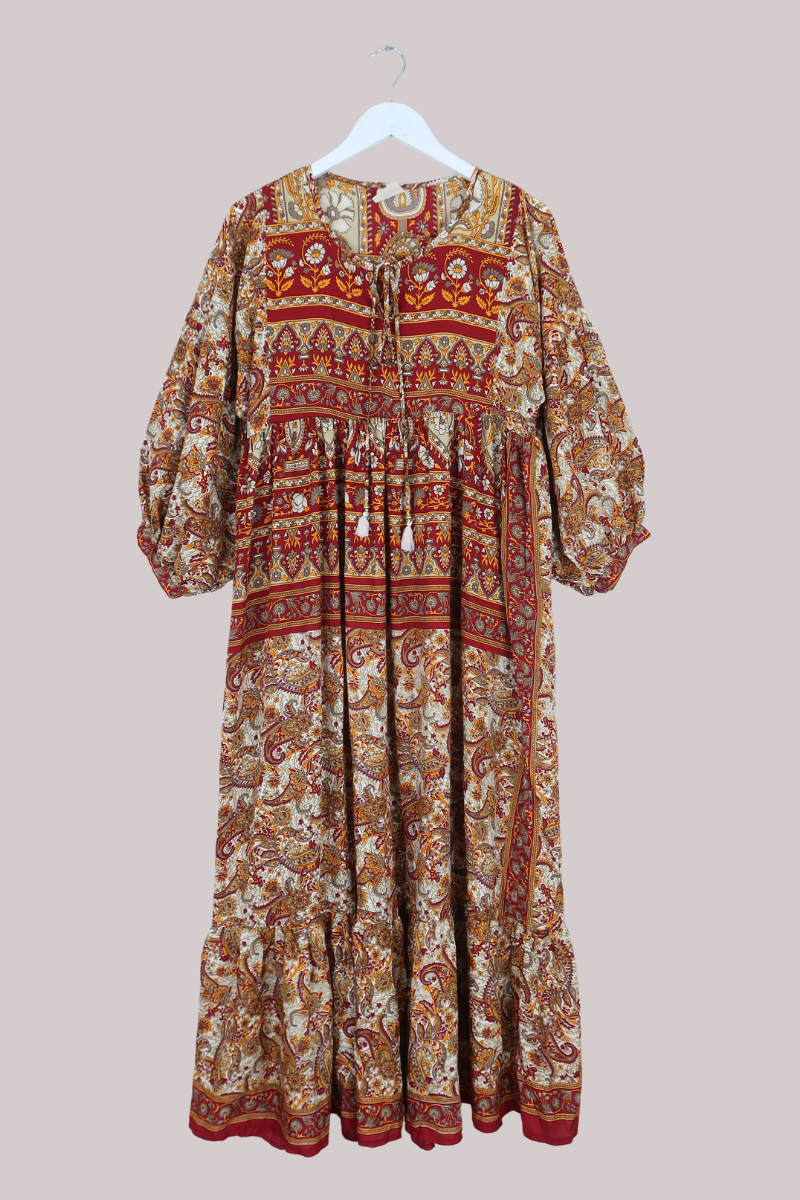 Poppy Vintage Sari Smock Dress in Abundant Garnet Red Garden- Size XS