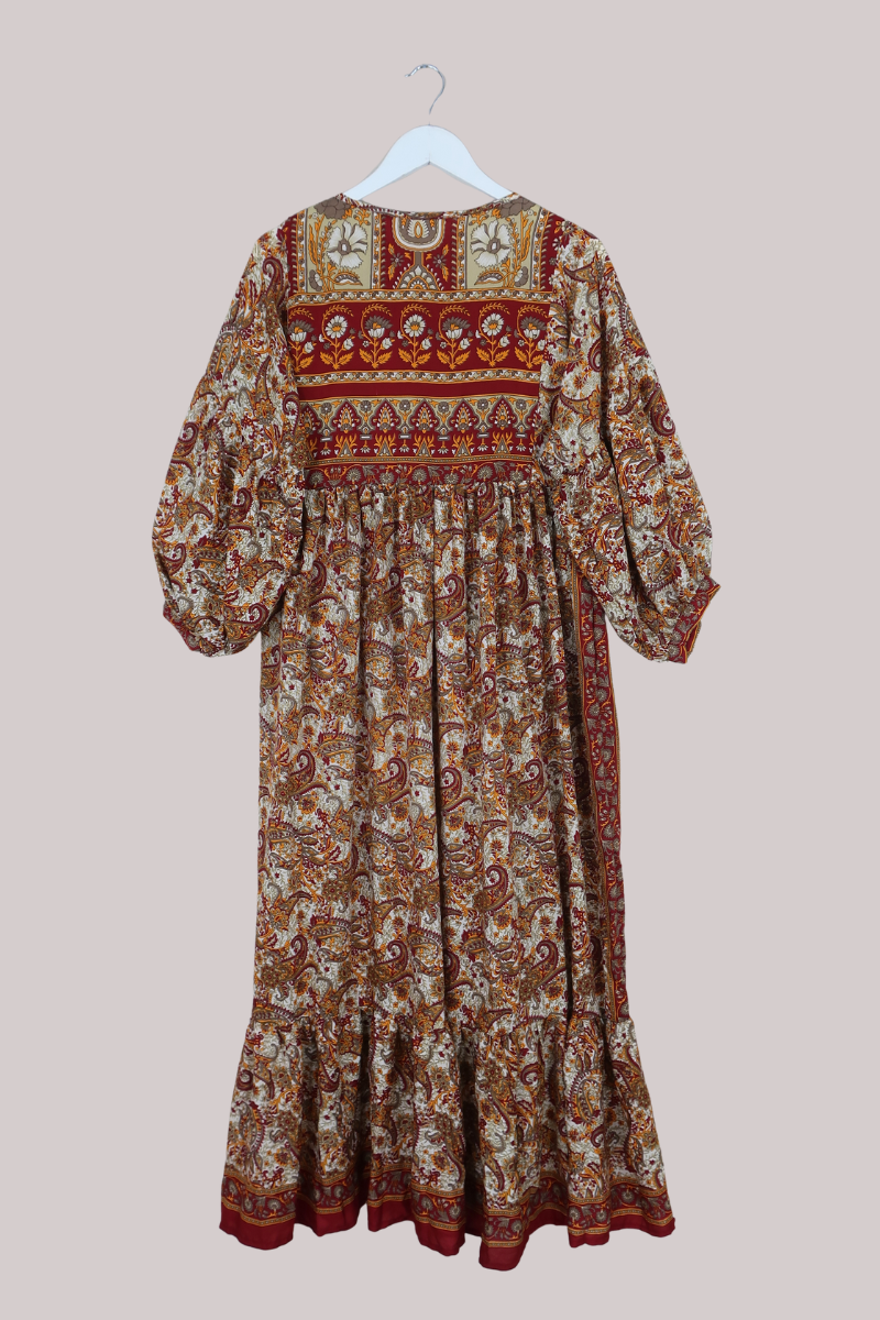 Poppy Vintage Sari Smock Dress in Abundant Garnet Red Garden- Size XS