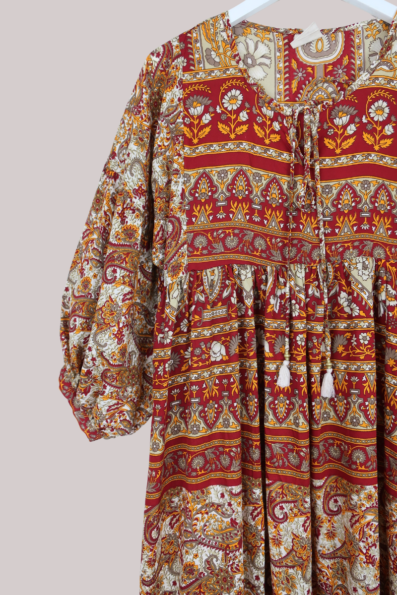 Poppy Vintage Sari Smock Dress in Abundant Garnet Red Garden- Size XS