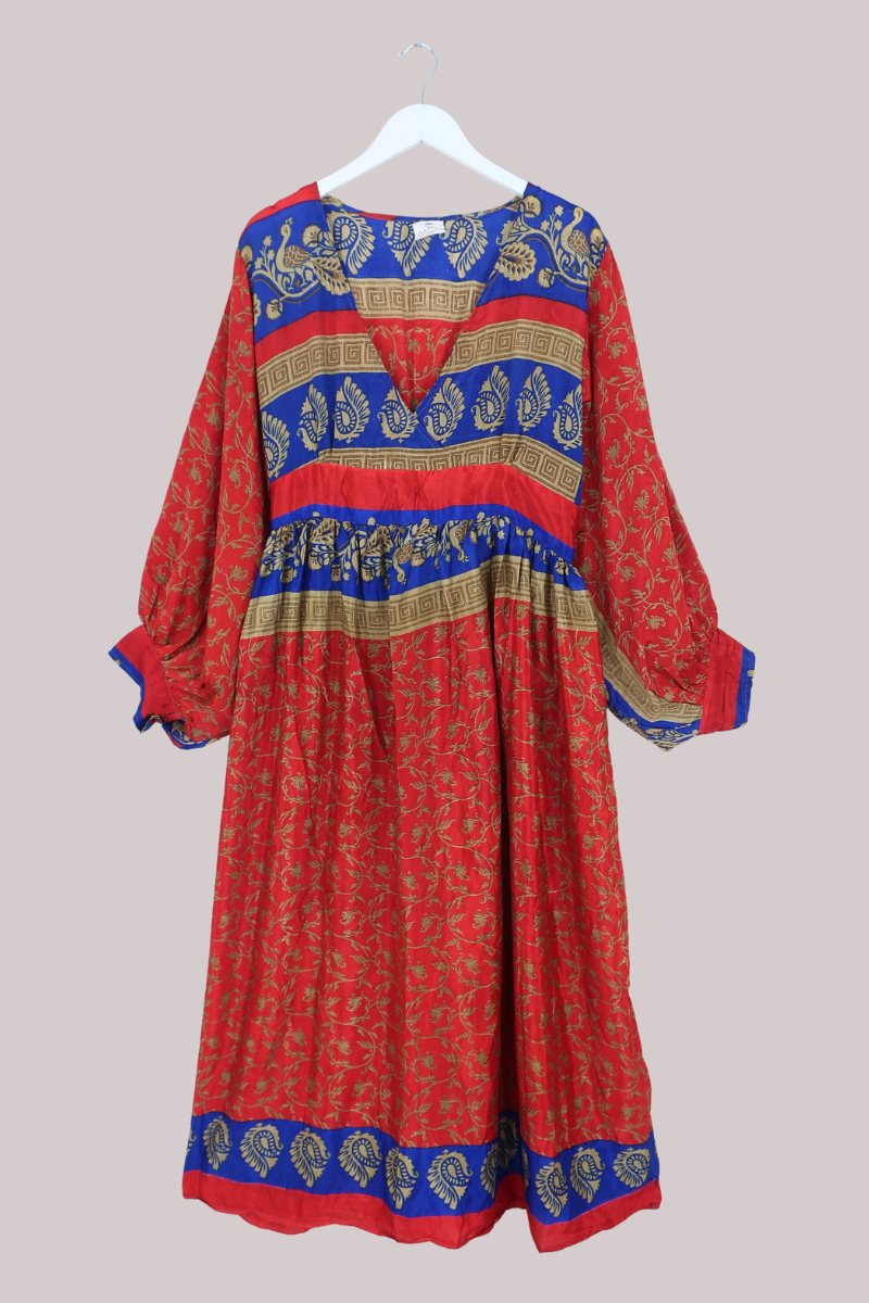 Rosemary Vintage Sari Maxi Dress in Scarlet Red & Navy - Size XXL