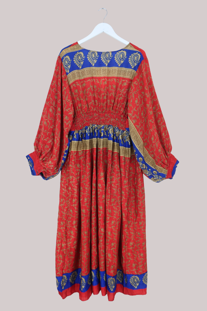 Rosemary Vintage Sari Maxi Dress in Scarlet Red & Navy - Size XXL