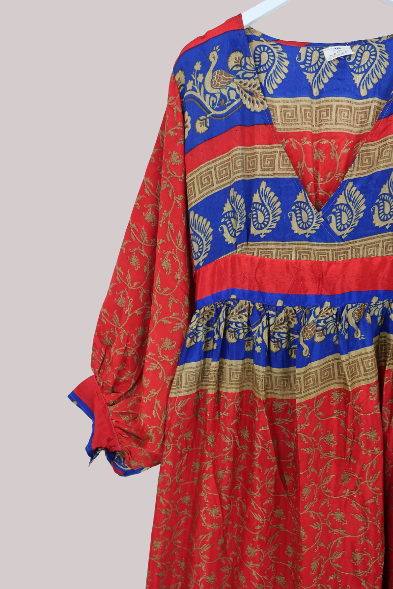 Rosemary Vintage Sari Maxi Dress in Scarlet Red & Navy - Size XXL
