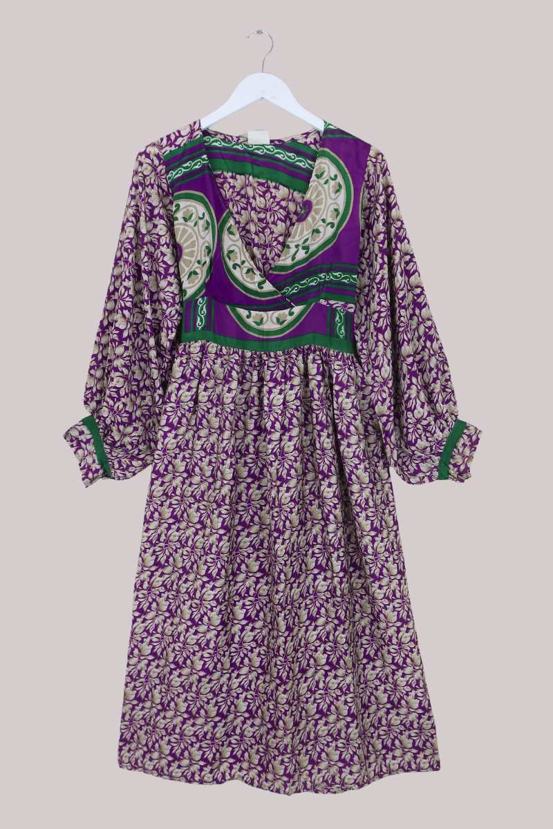 Rosemary Vintage Sari Maxi Dress in Purple & Fawn Potpourri - Size S/M