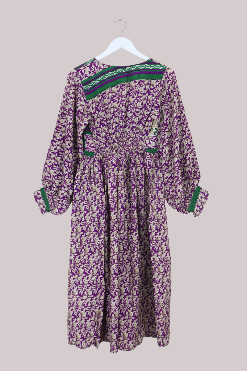 Rosemary Vintage Sari Maxi Dress in Purple & Fawn Potpourri - Size S/M