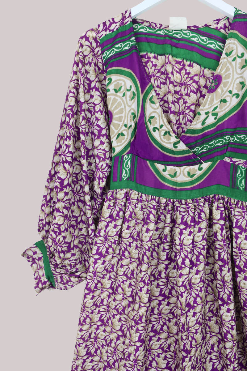 Rosemary Vintage Sari Maxi Dress in Purple & Fawn Potpourri - Size S/M