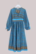Rosemary Vintage Sari Maxi Dress in Sand & Sea Blue - Size M/L
