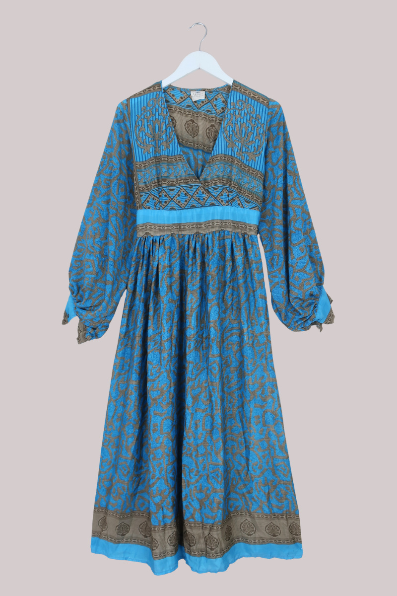 Rosemary Vintage Sari Maxi Dress in Sand & Sea Blue - Size M/L