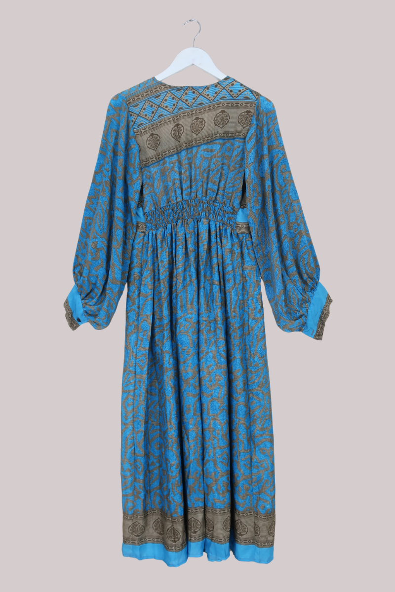 Rosemary Vintage Sari Maxi Dress in Sand & Sea Blue - Size M/L