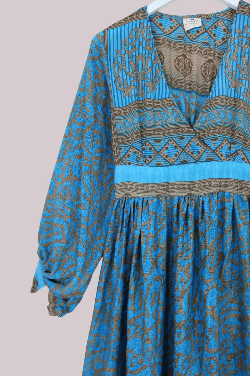 Rosemary Vintage Sari Maxi Dress in Sand & Sea Blue - Size M/L