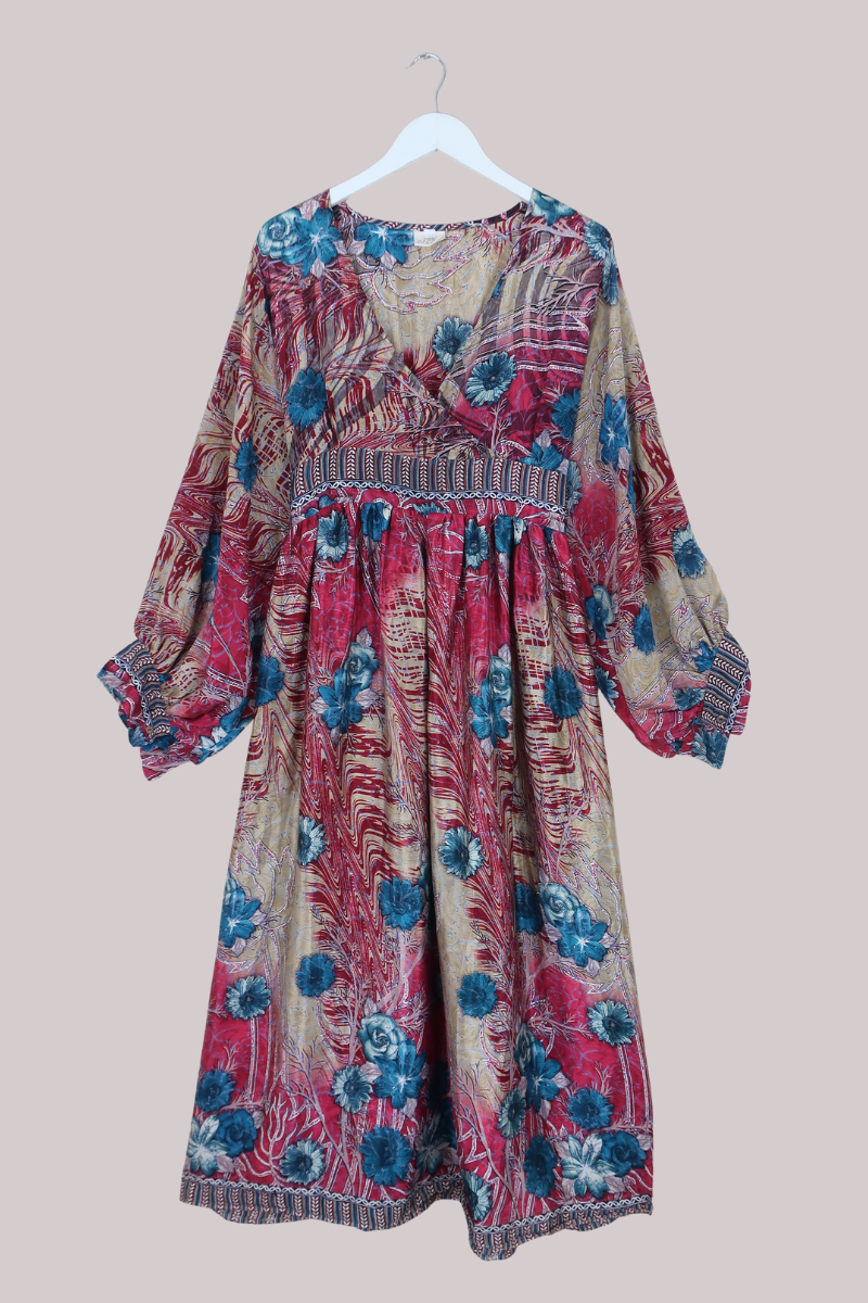 Rosemary Vintage Sari Maxi Dress in Plum Pink & Teal Floral - Size M/L