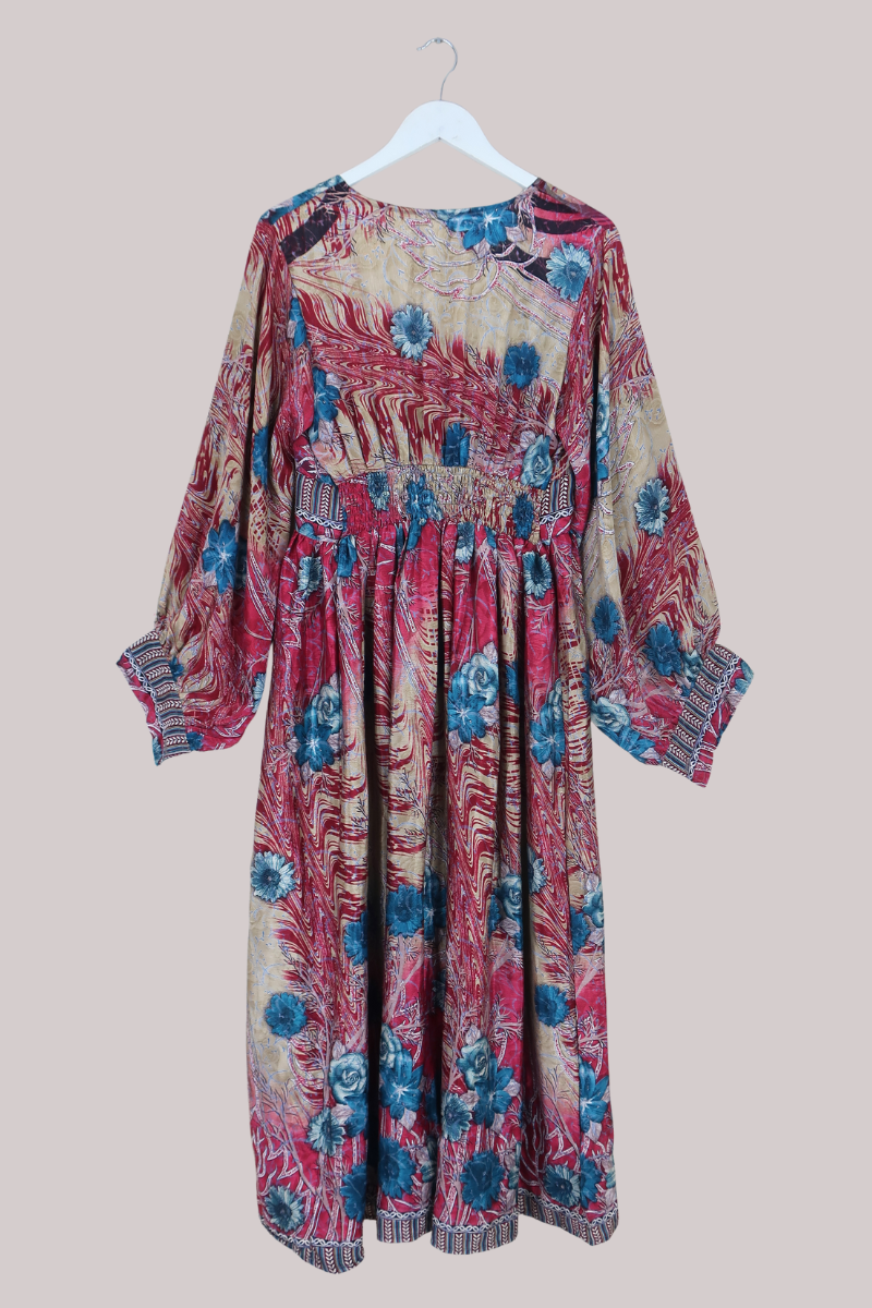Rosemary Vintage Sari Maxi Dress in Plum Pink & Teal Floral - Size M/L