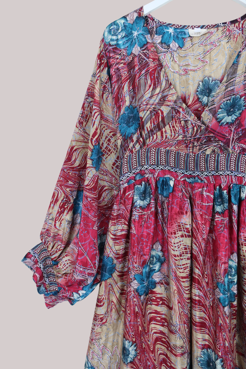 Rosemary Vintage Sari Maxi Dress in Plum Pink & Teal Floral - Size M/L