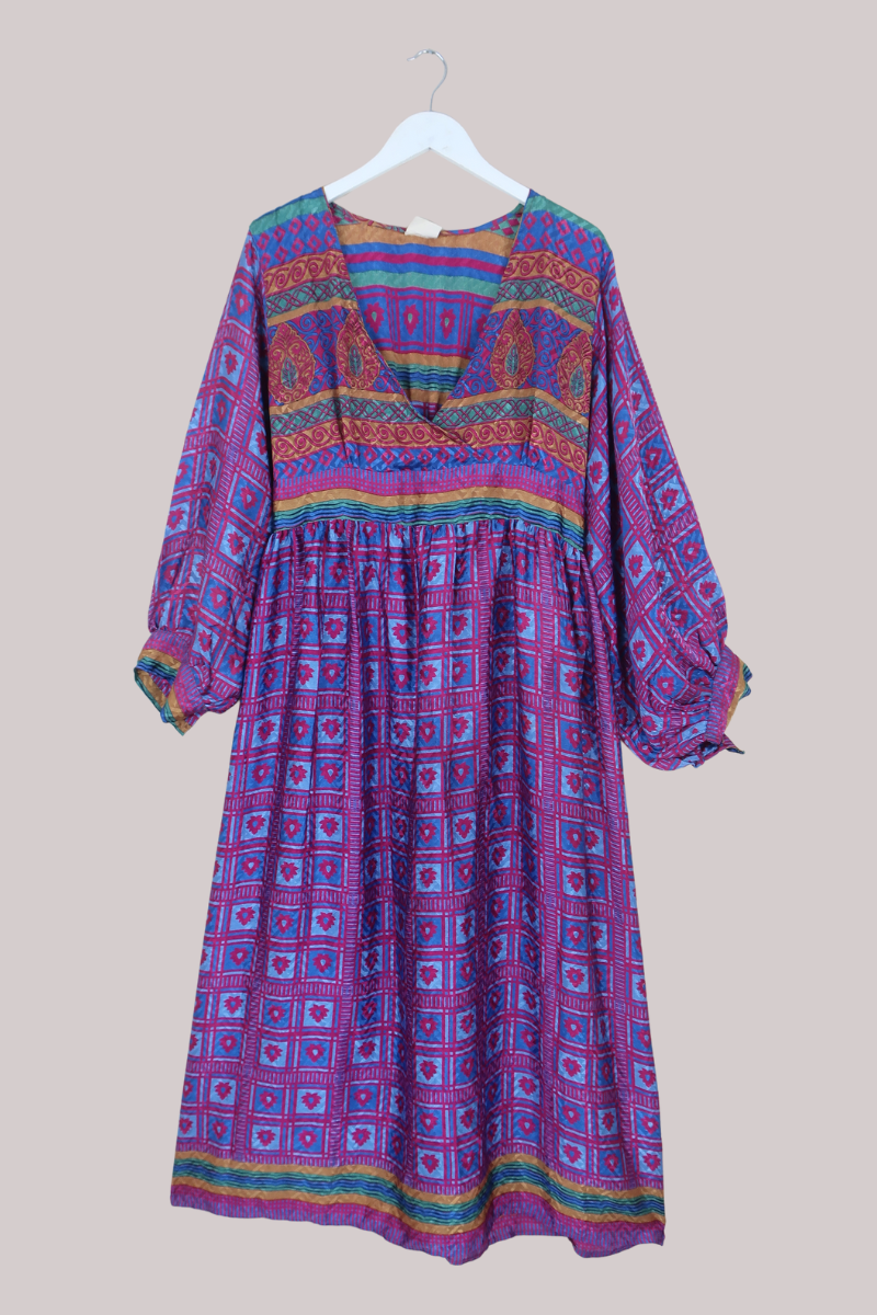 Rosemary Vintage Sari Maxi Dress in Magenta, Navy & Ice Motif - Size