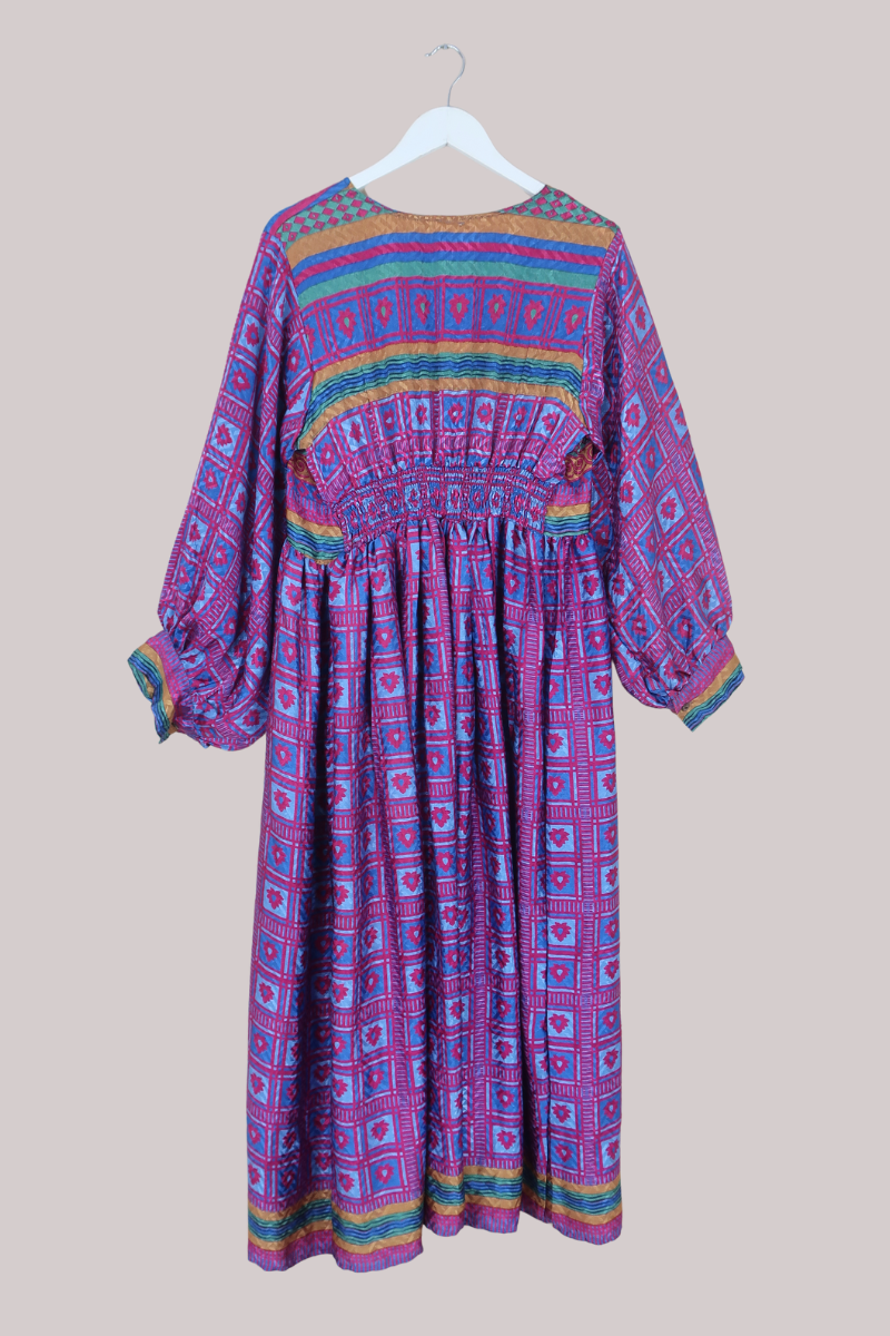 Rosemary Vintage Sari Maxi Dress in Magenta, Navy & Ice Motif - Size
