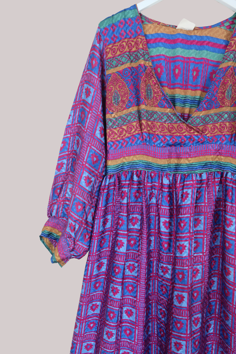 Rosemary Vintage Sari Maxi Dress in Magenta, Navy & Ice Motif - Size