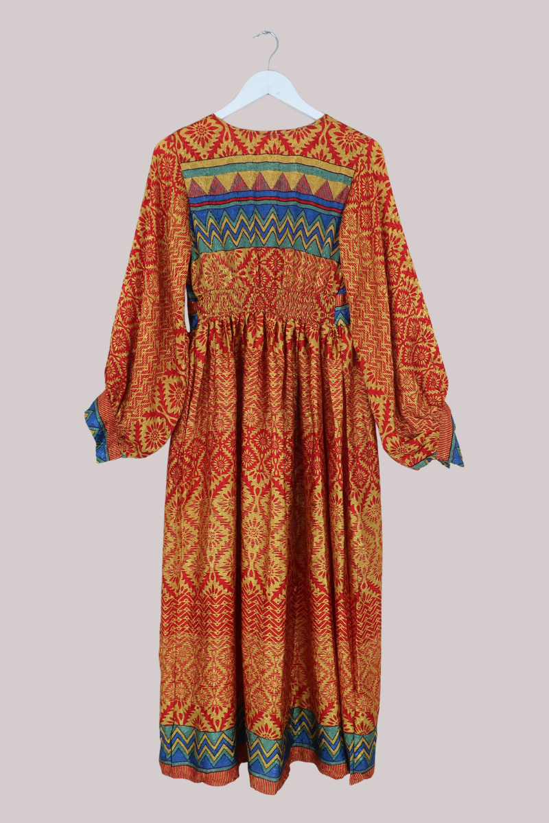 Rosemary Vintage Sari Maxi Dress in Gold & Ruby Floral - Size M/L