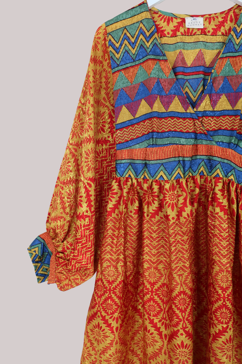 Rosemary Vintage Sari Maxi Dress in Gold & Ruby Floral - Size M/L