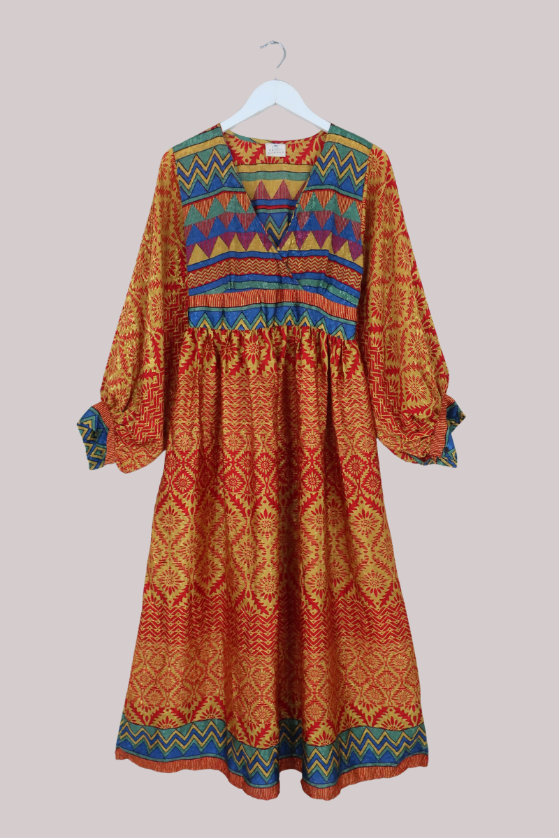 Rosemary Vintage Sari Maxi Dress in Gold & Ruby Floral - Size M/L