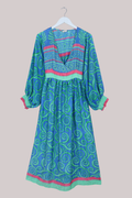 Rosemary Vintage Sari Maxi Dress in Crystal Blue & Green - Size S