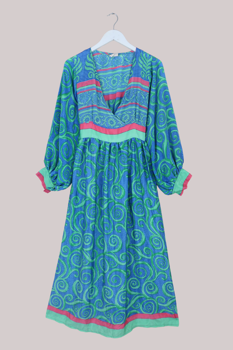 Rosemary Vintage Sari Maxi Dress in Crystal Blue & Green - Size S/M