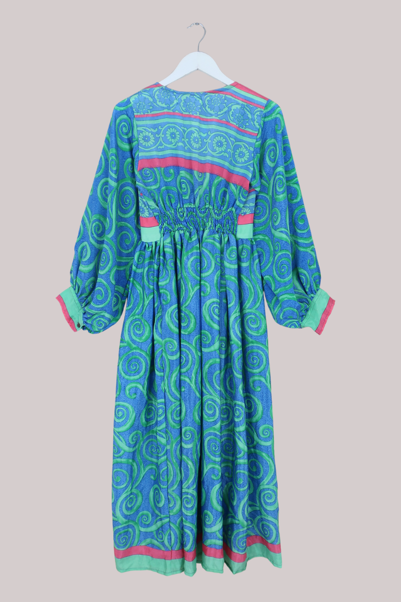 Rosemary Vintage Sari Maxi Dress in Crystal Blue & Green - Size S/M