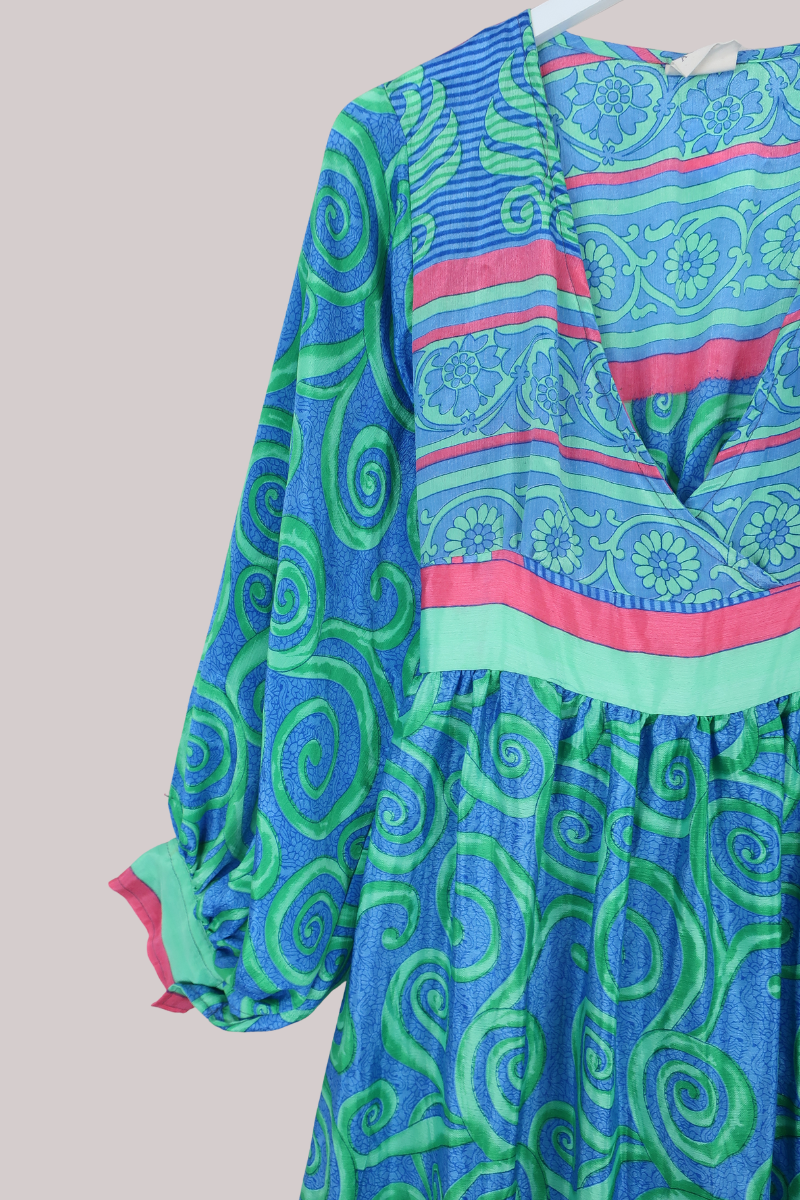 Rosemary Vintage Sari Maxi Dress in Crystal Blue & Green - Size S/M