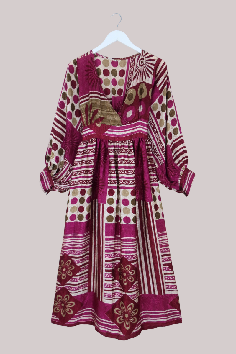 Rosemary Vintage Sari Maxi Dress in Magenta Patchwork - Size S/M